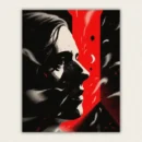 High contrast black and white woman profile with a red band and floating petals paint by numbers finished canvas