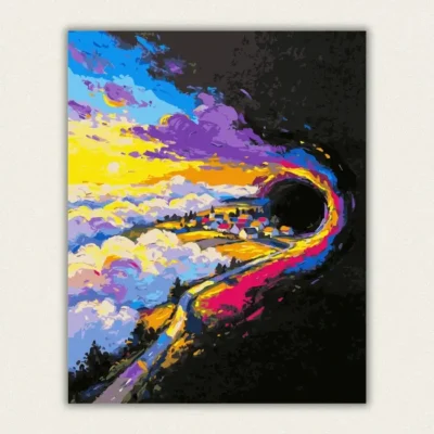 Hillside village with a giant black vortex swallowing the scene paint by numbers finished canvas