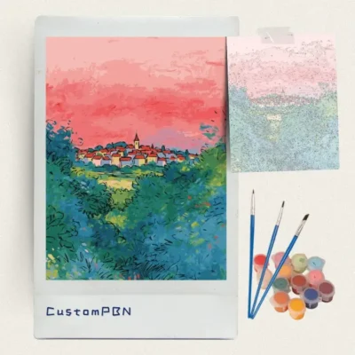 Hillside village under a pink sky paint by numbers kit with brushes and paints