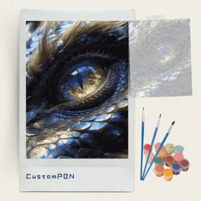 Dragon eye paint by numbers kit with canvas, three brushes, paints and reference sheet