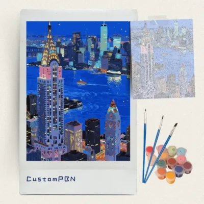City skyline at night paint by numbers kit with canvas, three brushes, paints and reference sheet