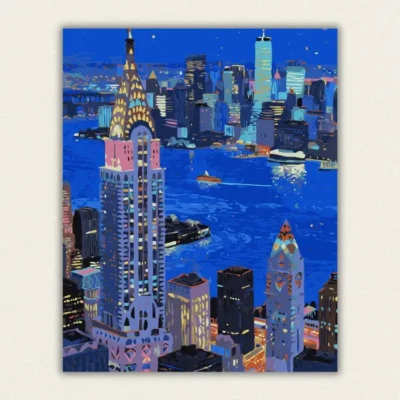 Thickly painted night time view over a city skyline with a river and boats paint by numbers finished canvas