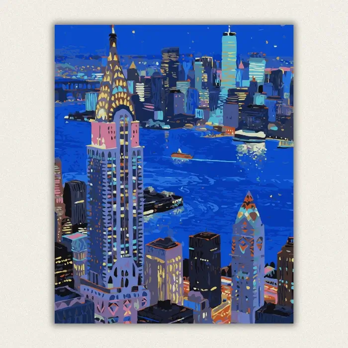 Thickly painted night time view over a city skyline with a river and boats paint by numbers finished canvas