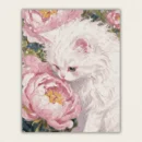 Fluffy white cat gazing down at large pink peonies painted in thick strokes paint by numbers finished canvas