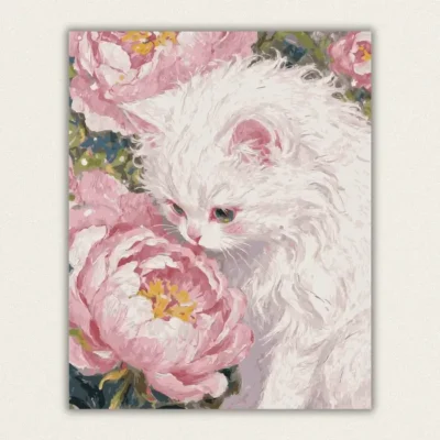 Fluffy white cat gazing down at large pink peonies painted in thick strokes paint by numbers finished canvas