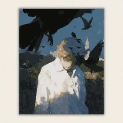 Painted youth in a white shirt with crows circling against a blue sky paint by numbers finished canvas