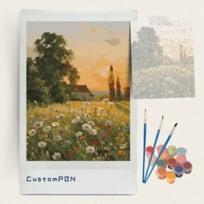 Impressionist meadow paint by numbers kit with canvas, three brushes, paints and reference sheet