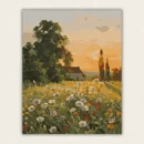 Impressionist sunset meadow full of daisies and poppies with a farmhouse paint by numbers finished canvas