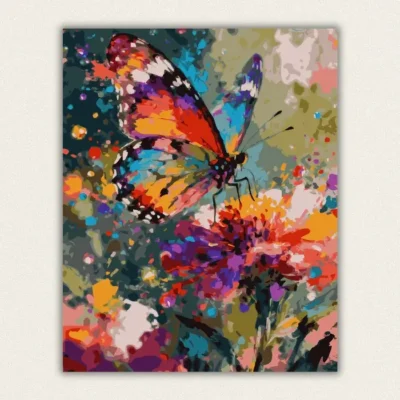 Iridescent butterfly resting on a purple zinnia paint by numbers finished canvas