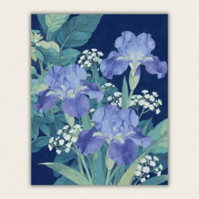 Blue and violet irises against a dark sky paint by numbers finished canvas