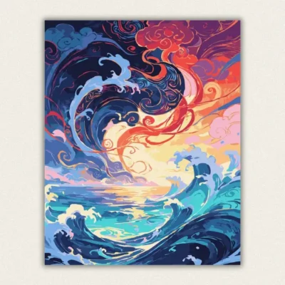 Colourful Japanese style swirling ocean wave at sunset paint by numbers finished canvas