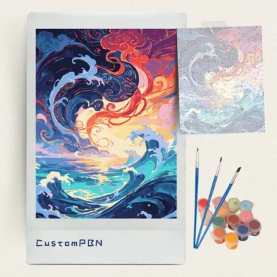 Japanese wave sunset paint by numbers kit with numbered canvas, three brushes, paint pots and reference sheet