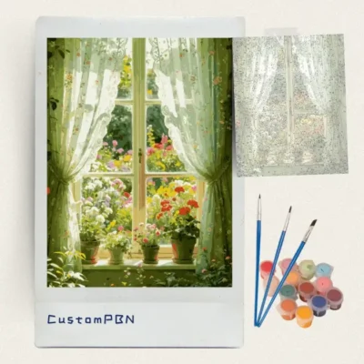 Lace curtain and summer garden paint by numbers kit with canvas, three brushes, paints and reference sheet