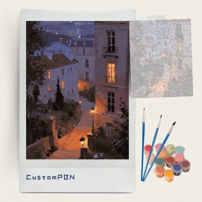 Lamplit steps through a hillside town paint by numbers kit with brushes and paints