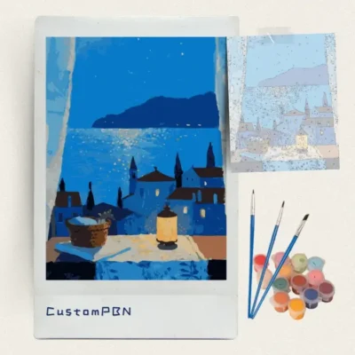 Lantern on a windowsill over a moonlit sea paint by numbers kit with paints