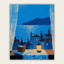 Lantern on a windowsill above a moonlit blue sea paint by numbers finished canvas