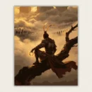 Warrior in golden armour and a red cloak seated on a branch above a sea of cloud paint by numbers finished canvas