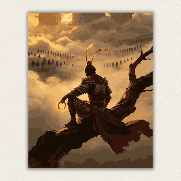Warrior in golden armour and a red cloak seated on a branch above a sea of cloud paint by numbers finished canvas