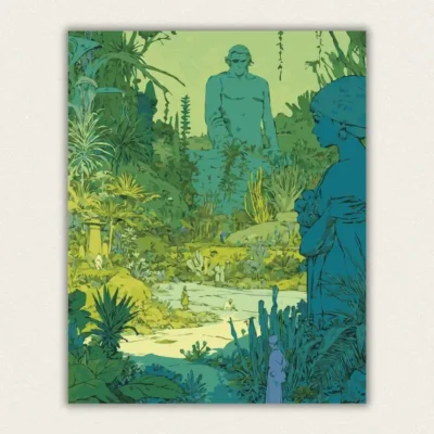 Fine line art botanical garden with a colossal stone statue and a woman in a head wrap paint by numbers finished canvas