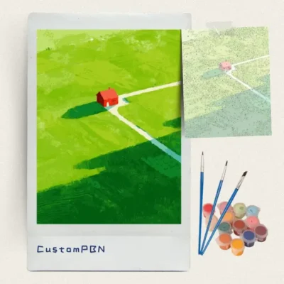 Lone red house in green fields paint by numbers kit with brushes, paints and canvas