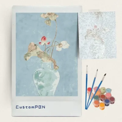 Lotus and celadon vase paint by numbers kit with canvas, three brushes, paints and reference sheet