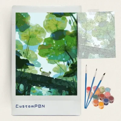 Lotus leaves and cat paint by numbers kit with canvas, three brushes, paints and reference sheet