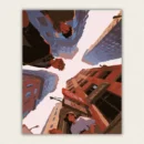 Low angle view looking up between tall city buildings with figures at the edges paint by numbers finished canvas