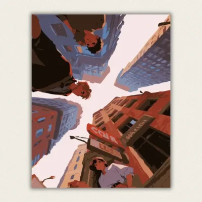 Low angle view looking up between tall city buildings with figures at the edges paint by numbers finished canvas