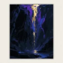Golden glowing waterfall falling through a dark blue canyon with floating lights paint by numbers finished canvas