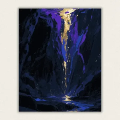 Golden glowing waterfall falling through a dark blue canyon with floating lights paint by numbers finished canvas