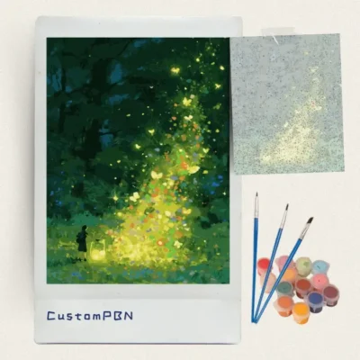 Magical forest glow jar paint by numbers kit with canvas, three brushes, paints and reference sheet