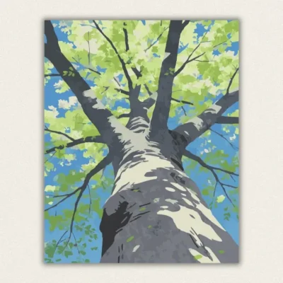 Finished upward view of green tree canopy paint by numbers canvas