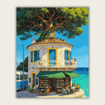 Round stone bookshop by the sea with a terrace and a giant tree overhead paint by numbers finished canvas