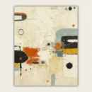 Mid-century modern abstract painting with burnt orange, charcoal, and mustard shapes on cream canvas