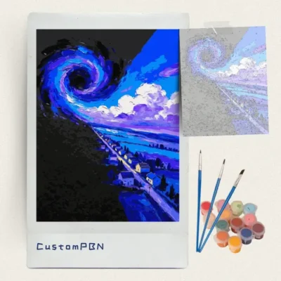 Midnight blue vortex paint by numbers kit with canvas, three brushes, paints and reference sheet