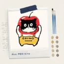 Cute cat wearing yellow overalls and a red apple paint by numbers mini 8x8 canvas kit