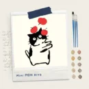 Playful chubby black cat juggling red apples, 8x8 mini paint by numbers kit, 100% original hand-painted artwork by human artist, no AI.