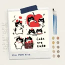 Cute black cats collection with apples and red scarf, 8x8 mini paint by numbers kit, 100% original hand-painted art by human artist, no AI.