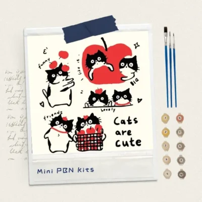 Cute black cats collection with apples and red scarf, 8x8 mini paint by numbers kit, 100% original hand-painted art by human artist, no AI.