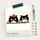 Cute twin black cats one with an apple and one with a red scarf, 8x8 original mini paint by numbers kit, 100% hand-painted by human artist, no AI.