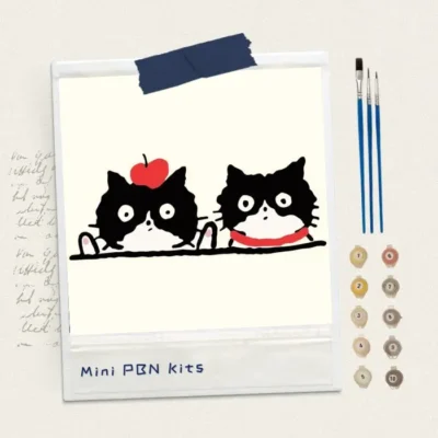 Cute twin black cats one with an apple and one with a red scarf, 8x8 original mini paint by numbers kit, 100% hand-painted by human artist, no AI.