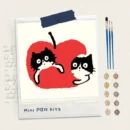 Two cute black cats peeking from a big red apple, 8x8 mini paint by numbers kit, 100% original hand-painted by human artist, no AI
