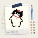 Cute chubby black cat wearing a red scarf and bow, 8x8 mini paint by numbers kit, 100% original hand-painted art by human artist, non-AI design
