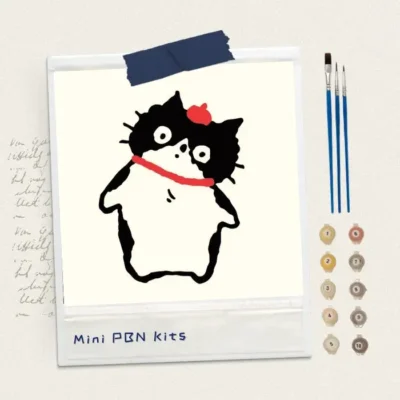 Cute chubby black cat wearing a red scarf and bow, 8x8 mini paint by numbers kit, 100% original hand-painted art by human artist, non-AI design