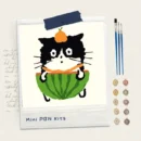 Cute black cat sitting in watermelon with orange on head, 8x8 mini paint by numbers kit, 100% original hand-painted by human artist