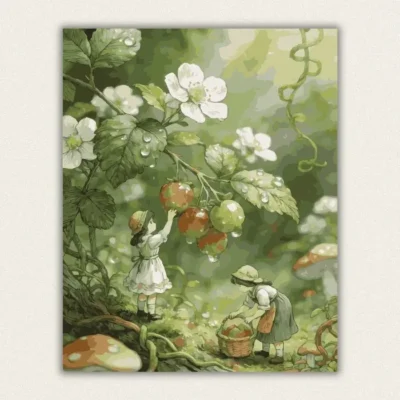 Miniature girls picking strawberries under wet leaves paint by numbers finished canvas