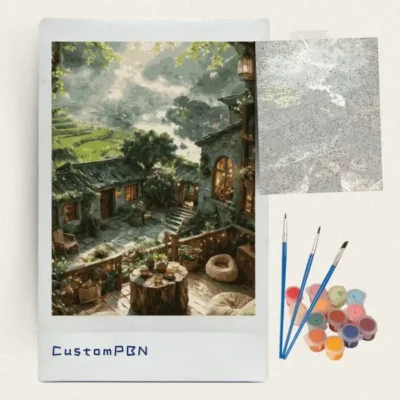 Misty mountain village paint by numbers kit with canvas, three brushes, paints and reference sheet