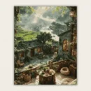 Misty mountain village with green terraces stone cottages and a wooden tea deck paint by numbers finished canvas