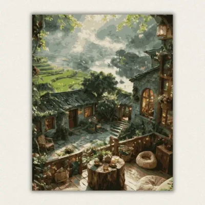 Misty mountain village with green terraces stone cottages and a wooden tea deck paint by numbers finished canvas