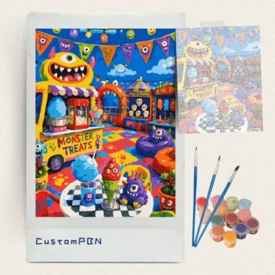 Monster carnival paint by numbers kit with canvas, three brushes, paints and reference sheet
